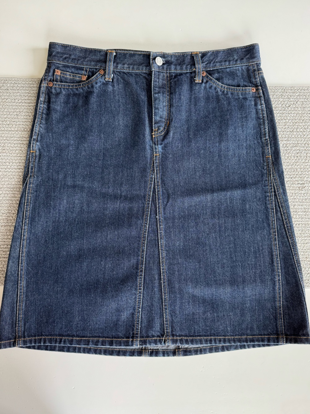 GAP Dark Indigo Blue Rinse Cotton Denim A Line Midi Jean Skirt Sz 10
